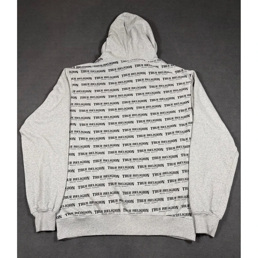 True Religion Hoodie Mens Large Gray Logo Print Pullover
